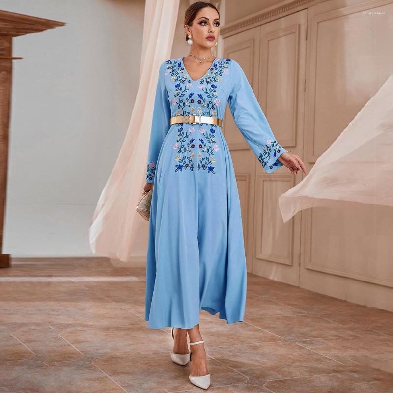 

Casual Dresses Women Elegant Maxi 2023 Spring Luxury Embroidery V-Neck Long Sleeve Belt Muslim Turkey Evening Party Robe Vestido, Blue