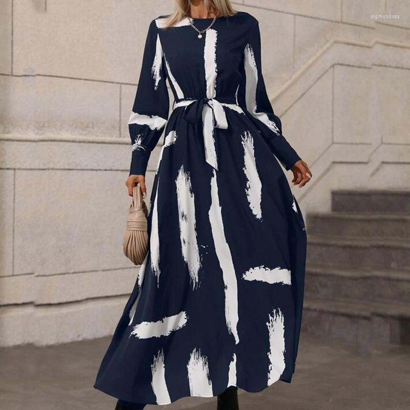 

Casual Dresses Vintage Print Long Sleeve Loose Maxi Dress Women O Neck Lace-up Belted Party 2023 Spring Autumn Bohemian, 02 red