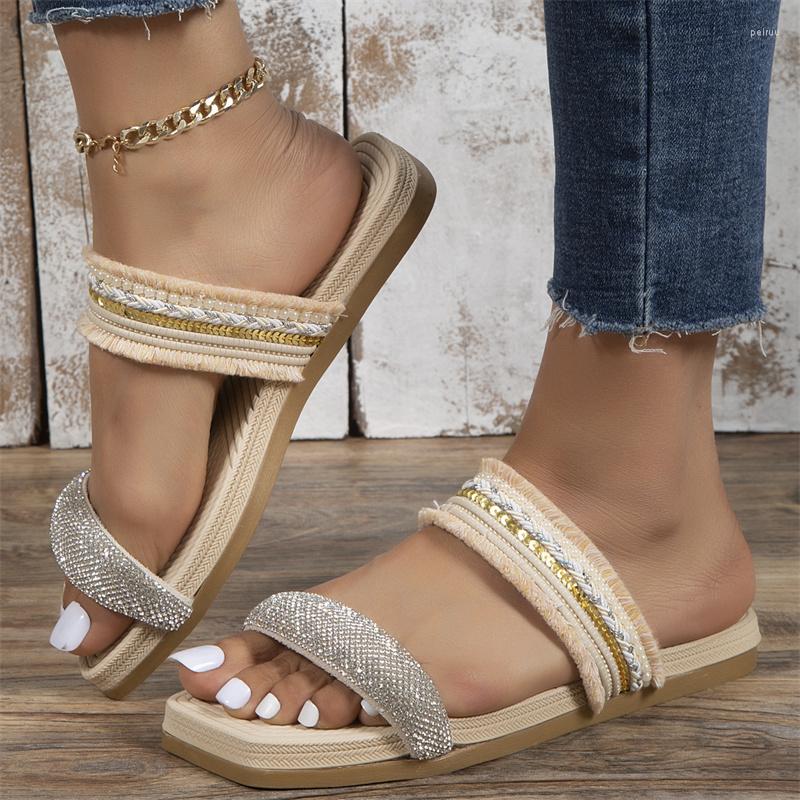 

Slippers 2023 Summer Women's Beach Fashion Non-slip Open-toed Sandals Rhinestones Outdoor Slip-on Flat Flip-flops, Beige