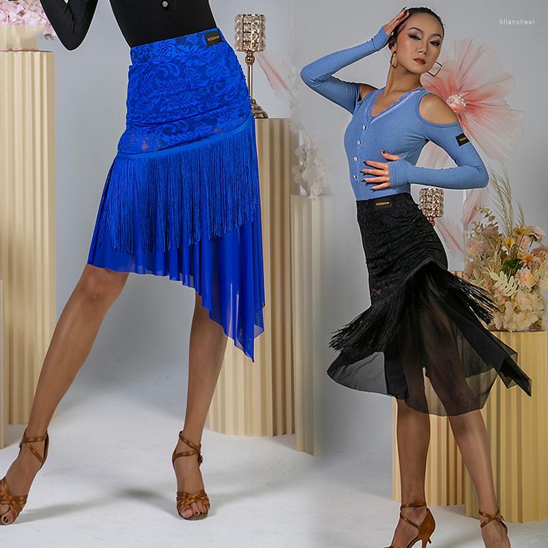 

Stage Wear 2023 Lace Mesh Latin Dance Skirt Women Rumba Clothes Ballroom Performance Adult Practice DNV17391, Blue skirt