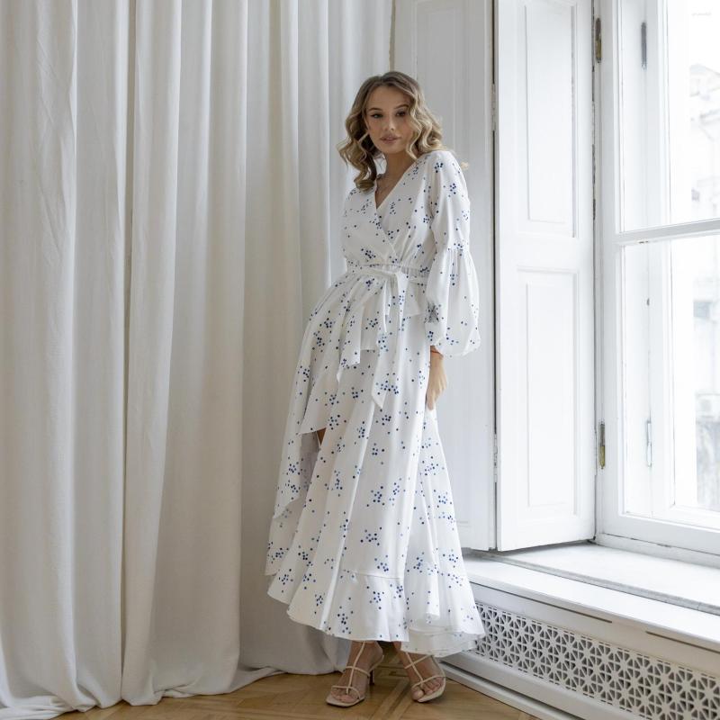 

Casual Dresses Summer Elegant Vintage Bandage Blue Dot Chiffon White Long Sleeve Sexy Slit Boho Beach Party Maxi For Women