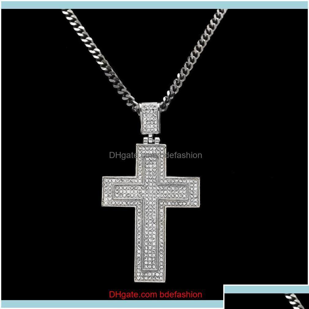 

Pendant Necklaces Pendants Jewelrymen Catholic Sier Gold Plated Cross Necklace Fashion Rock Style Double Crucifix Clear Stone Christ Dhywx