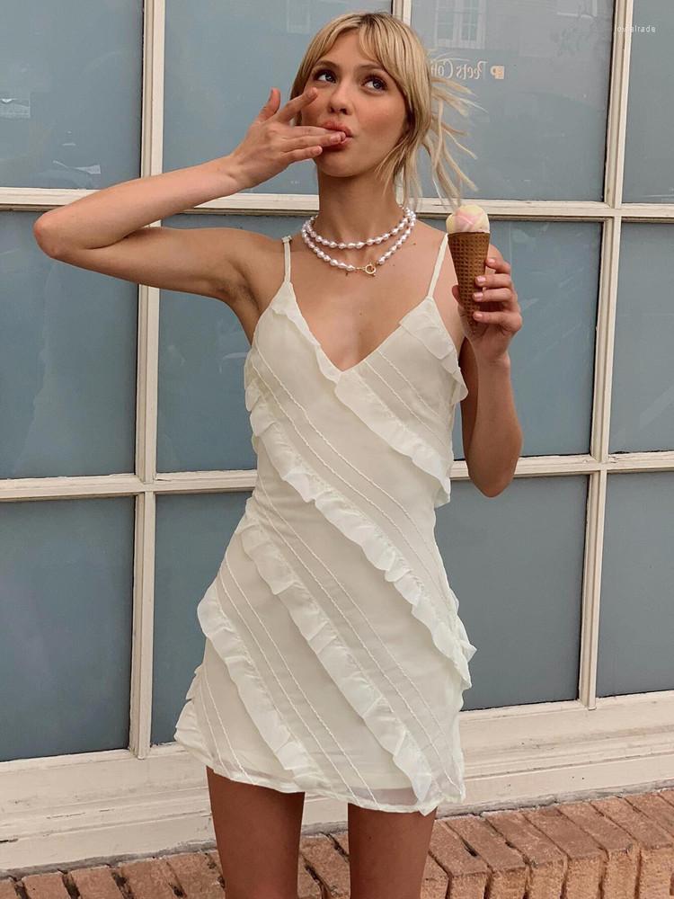 

Casual Dresses Summer Party Club Mini Dress Women Sleeveless Sling Bodycon Solid V-Neck Spaghetti Strap Ruffles Backless, Pink