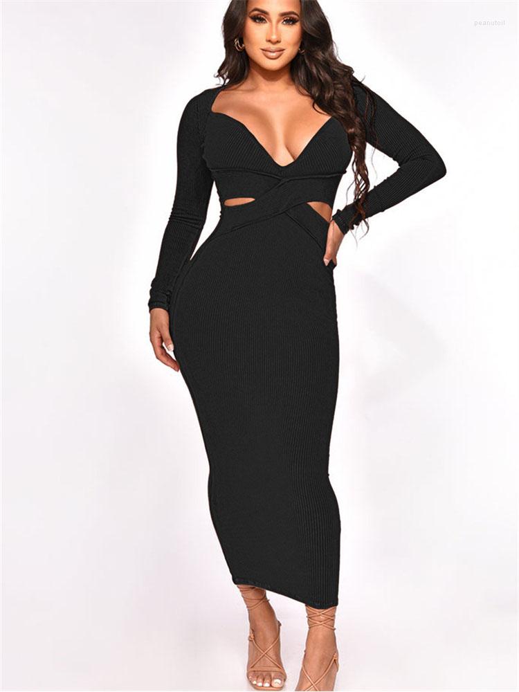 

Casual Dresses Habbris Autumn Sexy Ribbed Maxi Club Outfit For Women 2023 Long Sleeve V Neck Bodycon Dress Female Fashion, Black