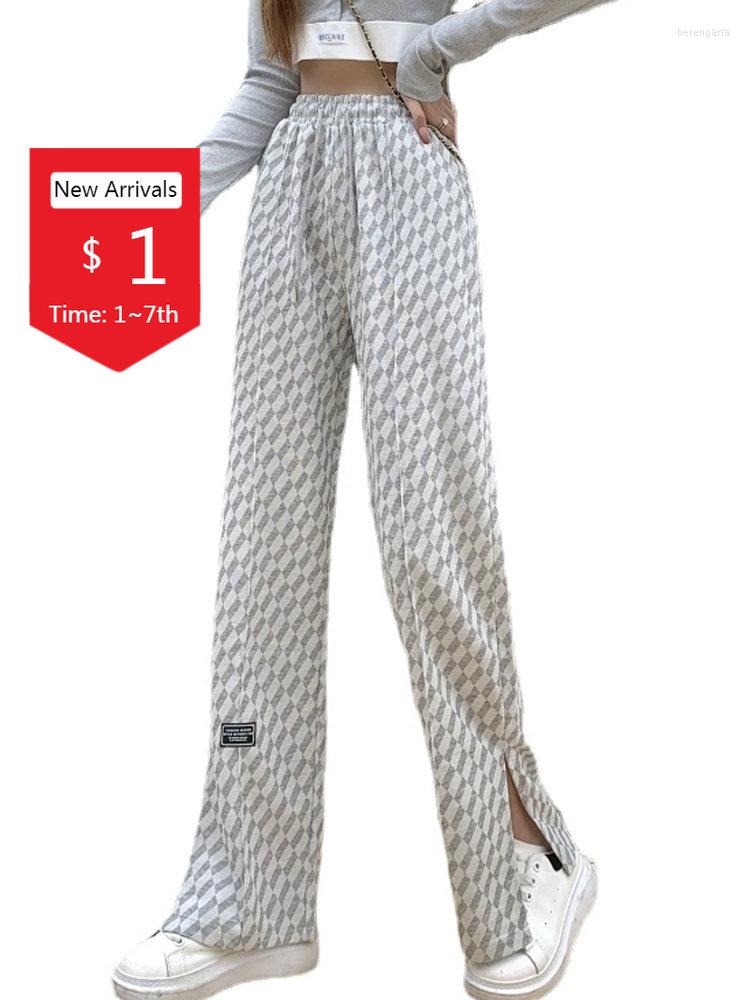 

Women's Pants Autumn Jogger Women Wide Leg Drawstring Sweatpants Vintage Plaid High Waist Elastic Woman Y2k Pant Gray Loose Long Trouser, Xiaox 395