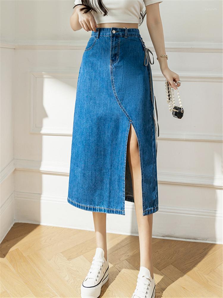 

Skirts Seoulish High Waist Front Split Women' Denim Wrap Spring Summer Lace Up Vintage Blue Cowboy Jeans Skirt Female 2023