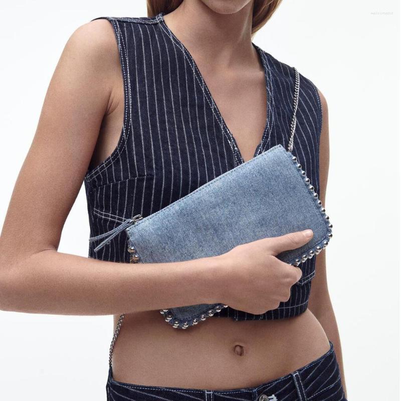 

Evening Bags Fashion Rivet Shoulder Bag Luxury Beading Denim Crossbody For Women Designer Chains Handbags And Purses Brands Flap Tote, Blue