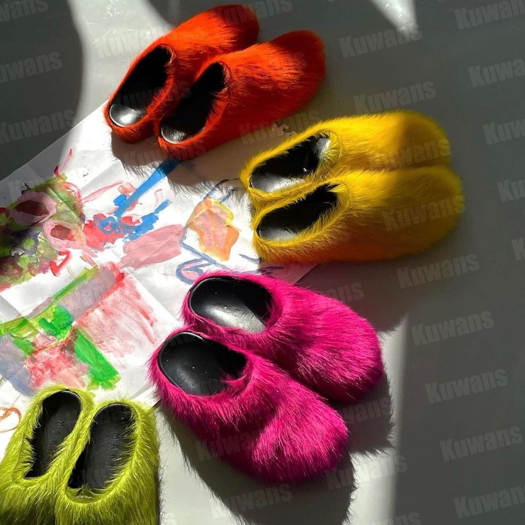 

Designer Men Slides Fussbett Sabot Sandals Raffia Beach Summer Loafers Long Calf Hair Leather Shearling Jacquard Mules Slip On Slipper Luxury Fuzzy Fur, Color 2