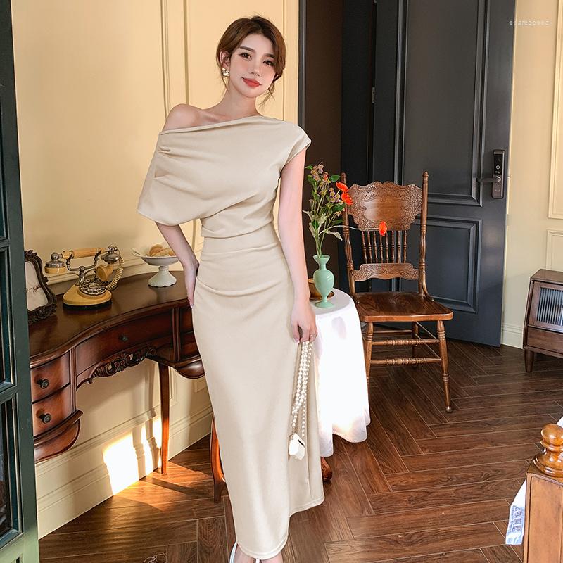 

Party Dresses 2023 Chic One Shoulder Tunic Gown Dress Women Short Sleeve Elegant Solid Color Female Slim Pleated Bodycon Midi, Beige