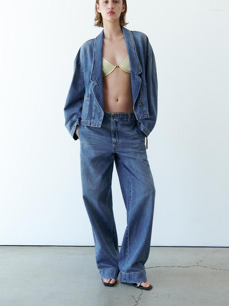 

Women's Two Piece Pants 2023 Summer Fashion Long-sleeved Lapel Loose Denim Jacket Mid-waist Casual Straight Jeans Women's Clothing, Blue