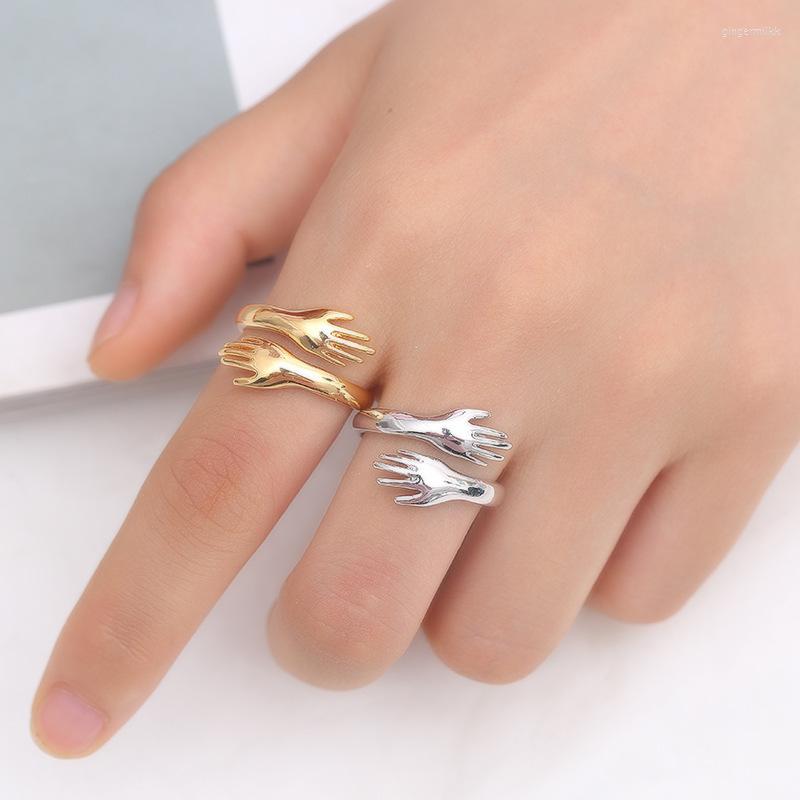 

Cluster Rings Resizable Trendy Silver Ring Good-looking Gold Plated Hands Hug Shaped Jewelry Loop Gift For Men Women Girl Kofo