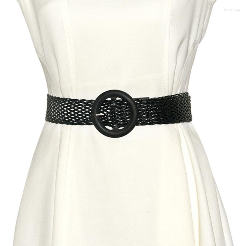 

Belts Women Vintage Circle Wooden Buckle Pin Belt Fashion Woven Braided Waistband Corset Dress Decoration Clothes Accessories, Black