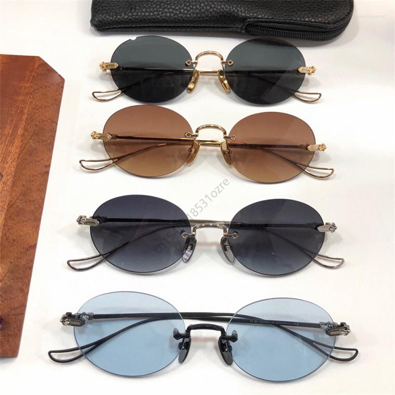 

Sunglasses 2023 Chrome Oval Rimless Cut Lens Small Women Men Brand Designer Top Quality Metal Round Frame Pilis Uv400 Glasses
