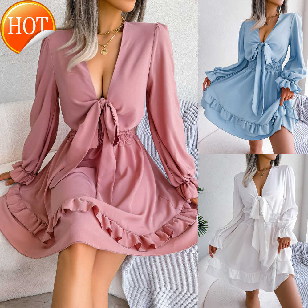 

Spring/Summer Leisure Lace Up Waist Wrapped Wooden Ear Edge Large Swing Dress Summer Leisure Flower Print Ruffle Sleeve V-Neck High Waist Flowing Long Dress, Customize
