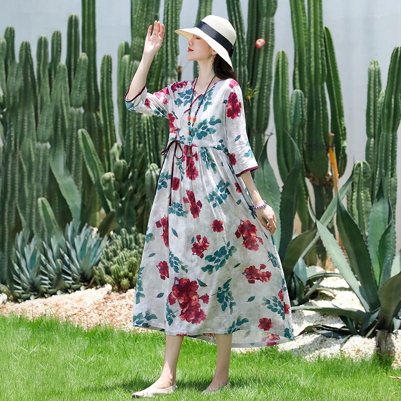 

Party Dresses 2023 Half Sleeve Print Floral Cotton Linen Holiday Outdoor Travel Style Women Casual Spring Summer Dress Office Lady Work, Pink