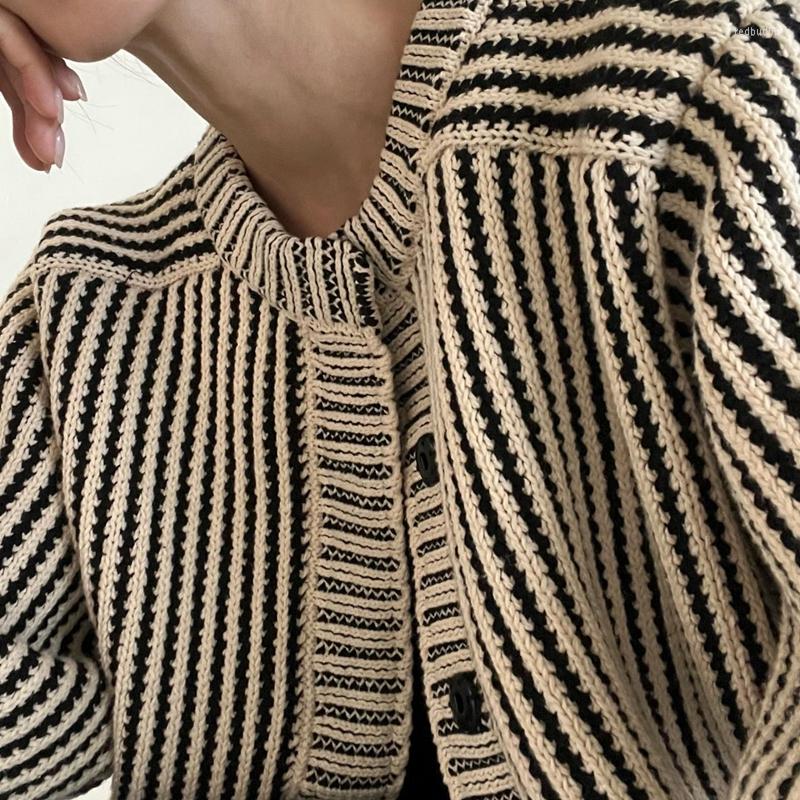 

Women' Knits O-Neck Half Puff Sleeve Knitted Sweater Women Tops 2023 Japan Fashion Autumn Winter Clothes Stripe Pattern Cardigan Verlena, Black stripes