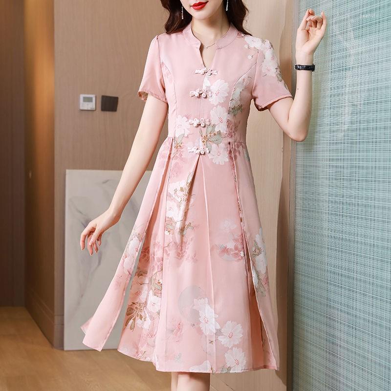 

Party Dresses 2023 Pink Print Silk Satin Short Sleeve Midi Dress Women Vintage Asian-style Cheongsam Vestidos Summer Elegant