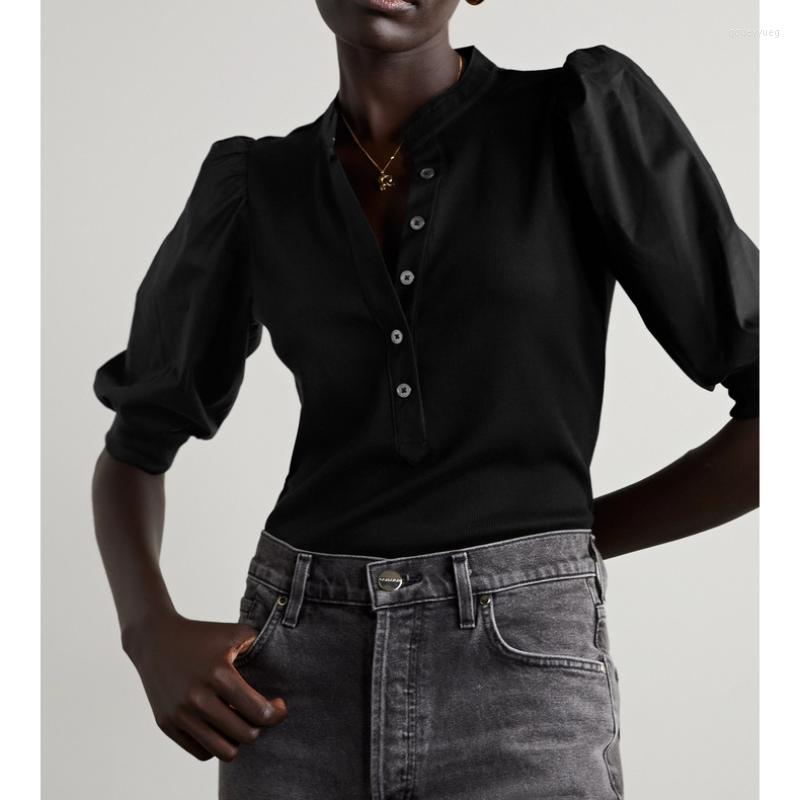 

Women' Blouses Spring Vintage Elastic Slim Fit Cotton Cardigan Women' Puff Short Sleeve Shirt, Black
