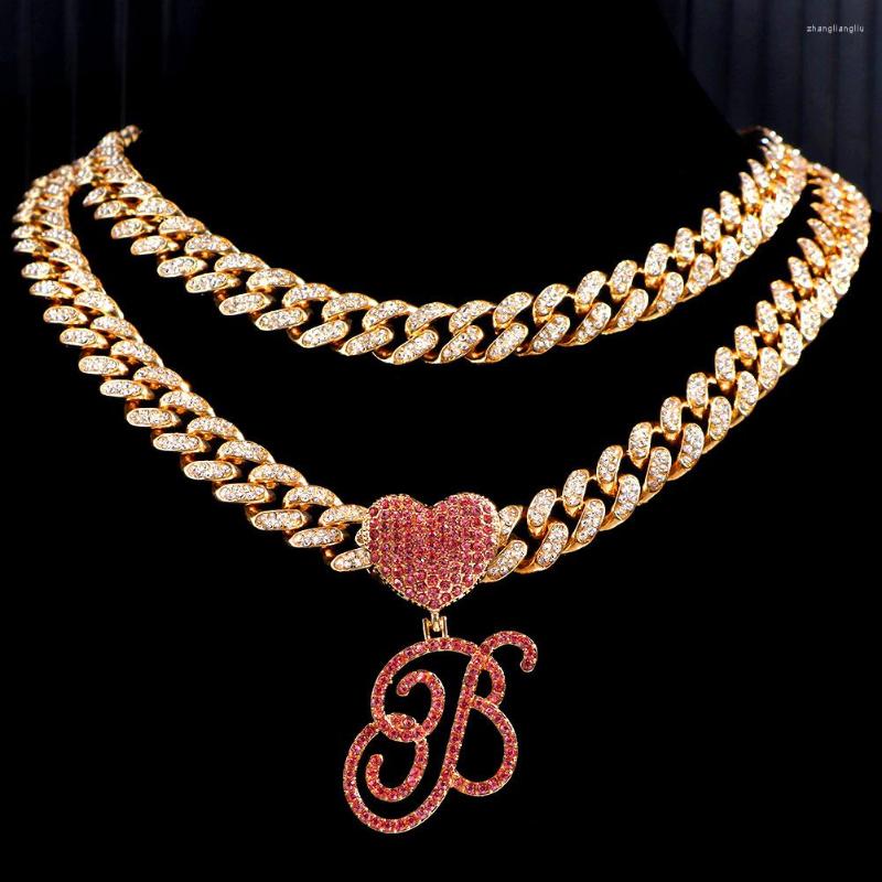 

Chains Hip Hop Iced Out Pink Crystal 26 Cursive Letter Heart Pendant Necklace Men Women Fashion Initials Name Cuban Necklaces Jewelry