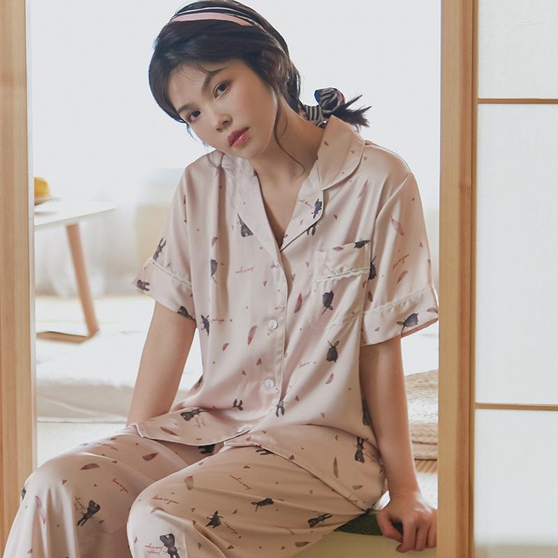 

Women's Sleepwear Pajamas Female Summer Short Sleeved Trousers Set Silk Rayon Pyjama Pour Femme Loose Sweet Home Wear Pijamas, Pink