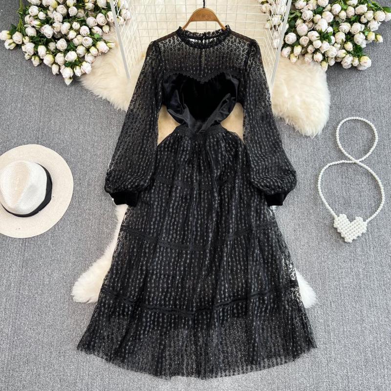 

Casual Dresses Hepburn Style Retro Temperament Velvet Patchwork Receiving Waist Slimming Heavy Industry Embroidery Gauze Base Dress, Black