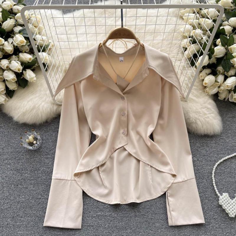 

Women's Blouses Fashion Irregular Long-sleeved Shirt Women's Spring Autumn Slim Lapel Sexy Blouse Tops Camisas De Mujer J449, Beige