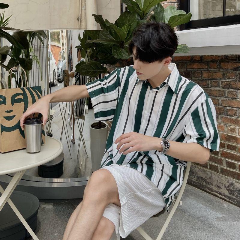 

Men' Casual Shirts 2023 Men' Short Sleeve Hawaiian Shirt Blouses Single Breasted Striped Tops Loose Premium Male Oversized Y64, Green