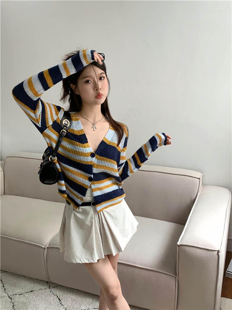 

Women's Knits Striped Thin V-Neck Long Sleeve Sweater Oversized Cardigan Sweaters Tops 2023 Autumn/Winter Knitted Slim Fashion Womens, Blue