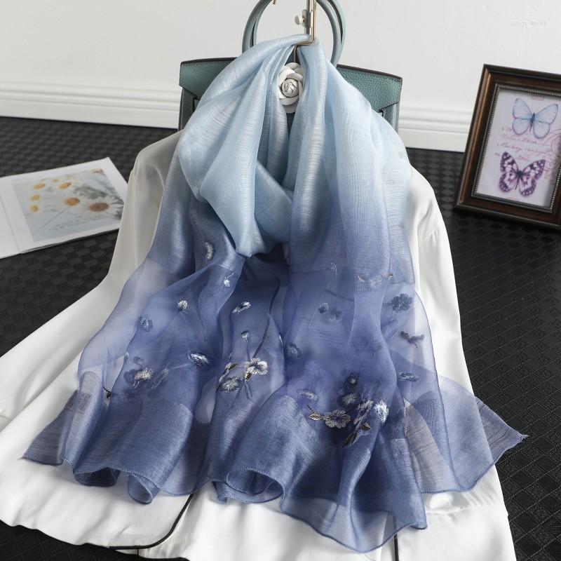 

Scarves Silk And Wool Women Scarf Gradient Color Matching Embroidery Pashmina Foulard Lady Hijab Shawl Female