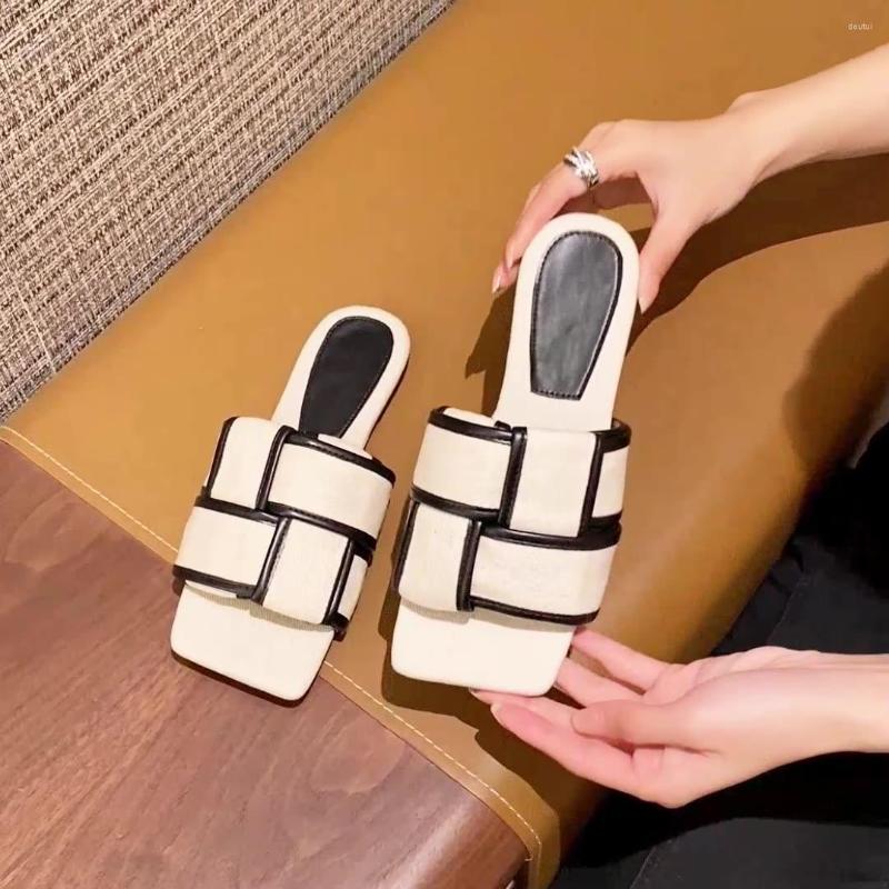 

Slippers Shoes Woman's Shale Female Beach Slides Fashion Low 2023 Sabot Summer Luxury Soft Flat Fabric PU Hoof Heels