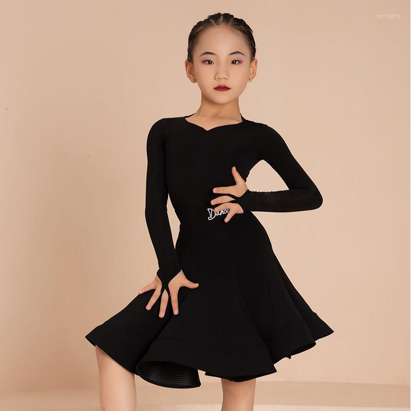 

Stage Wear Girls Latin Dance Competition Dress Long Sleeves Standard Clothes Kids Cha Rumba Samba Ballroom Costume BL10558, Black