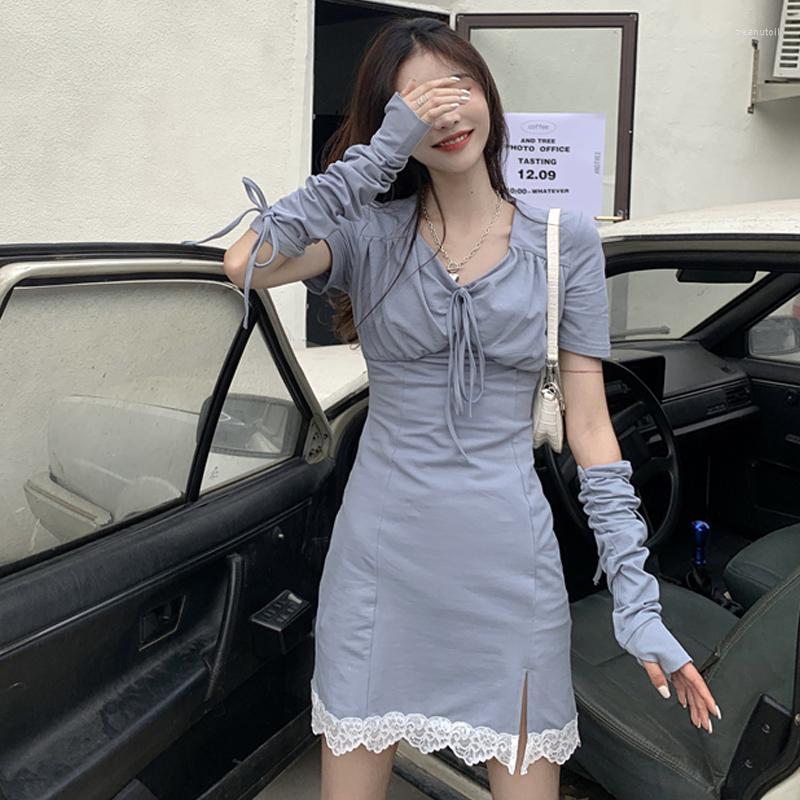 

Party Dresses Korean Summer Women Lace Sexy Mini Drses 2023 Elegant Office Female Bandage Design V-neck Short Sleeve Vestido, Blue
