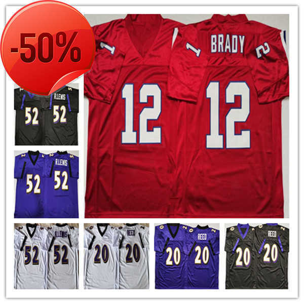 

Men College Vintage Football Jerseys 12 Tom Brady 20 Ed Reed 52 Ray Lewis 24 Champ Bailey Stitched Black Purple Red Blue Retro Uniforms, As pic