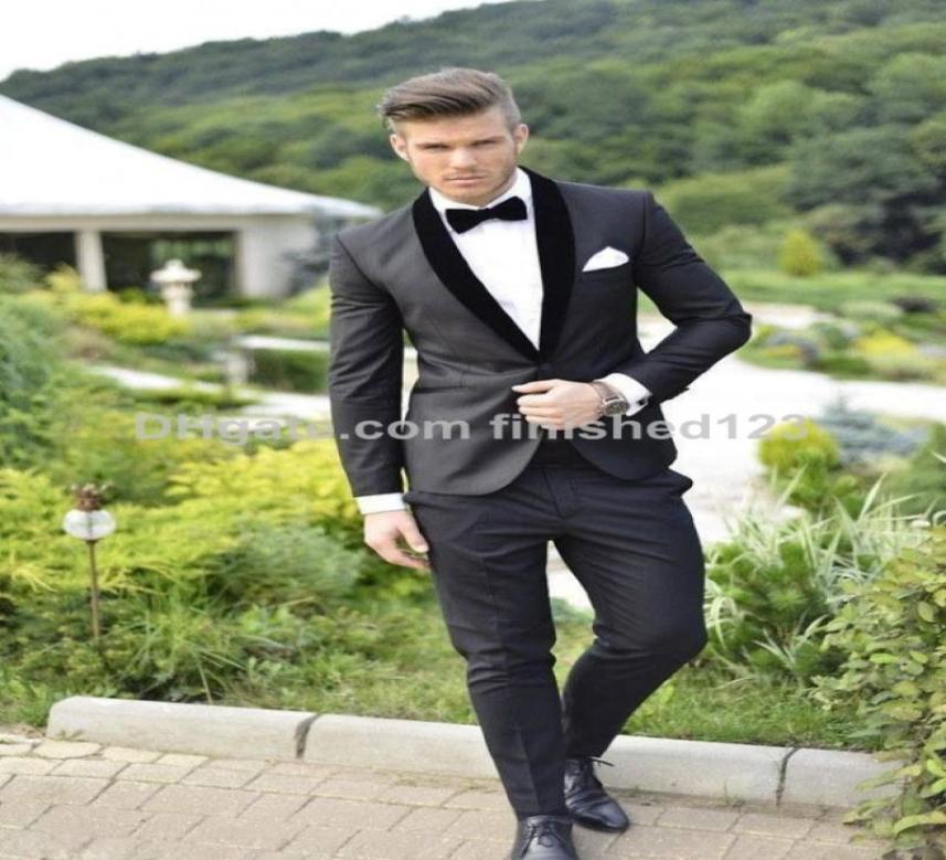 

New Arrival One Button Groom Tuxedos Velvet Shawl Lapel Groomsmen Man Mens Wedding Suits JacketPantsGirdleBow Tie G8289747501, Gray