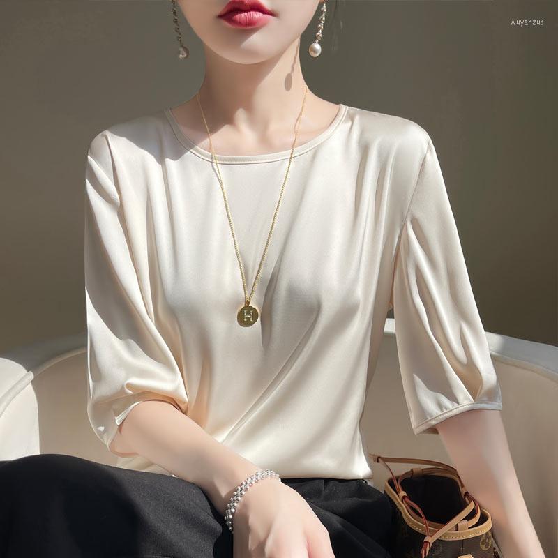 

Women's T Shirts MVLYFLRT Summer T-shirt Women's Round Neck Pullover Top Fashion Silk Satin 5/4 Sleeve Tank Solid Color Thin Loose Fit, Red