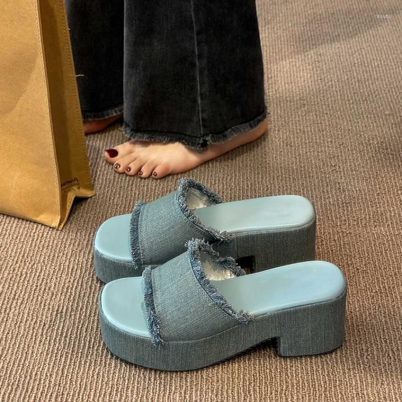 

Slippers Designer Slingback Women Chunky Platform High Heels Shoes 2023 Summer Sandals Flip Flops Sexy Pumps Casual Slides, Blue