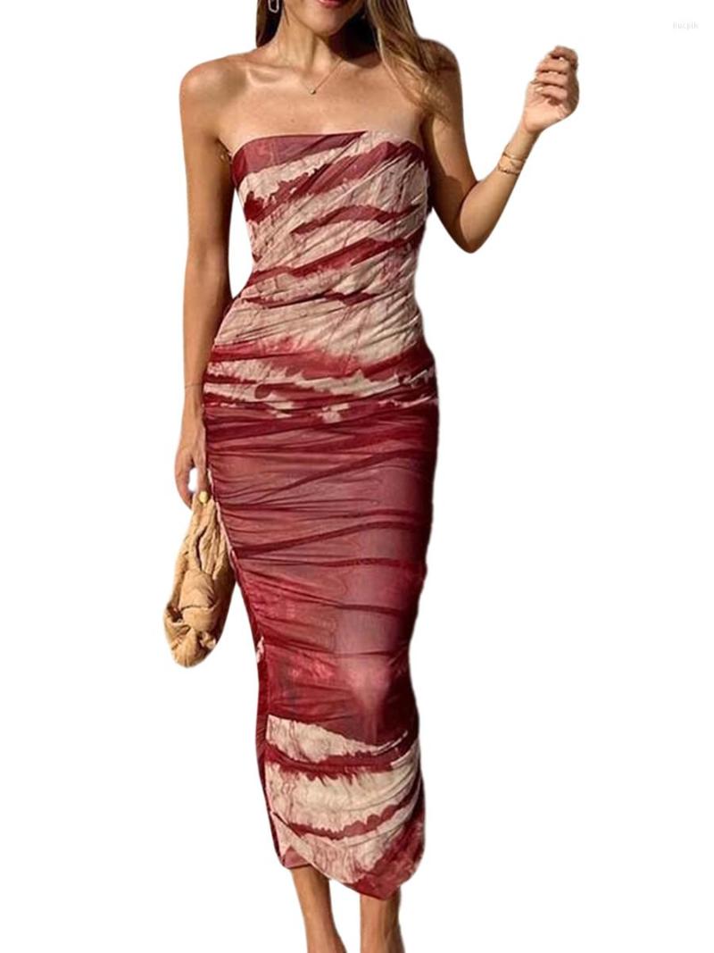 

Casual Dresses Women Strapless Mesh Dress Printed Ruched Bodycon Party Cocktail Beach Streetwear Summer Clothes, Mixed color
