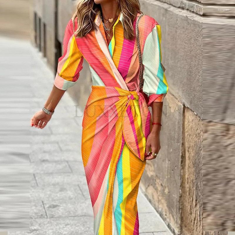 

Casual Dresses Women Pattern Print Boho Shirt Dress Female Fashion Lapel Long Sleeve Lace Up Robe 2023 Summer High Slit Loose, Green