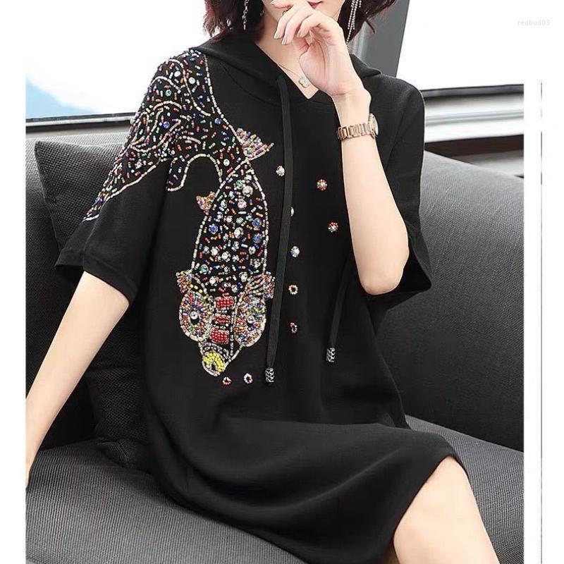 

Casual Dresses Women Fall Winter Goldfish Embroidery Beaded Knitted Pullovers Dress Mid Length Hooded Diamonds Sweater Knitwear Hoodies Tops, Black