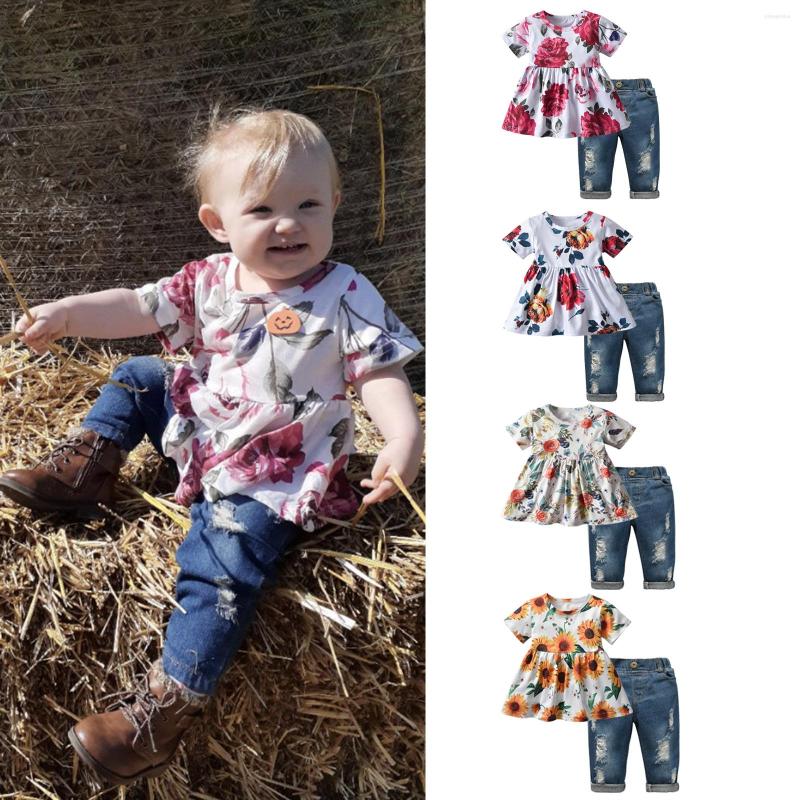 

Clothing Sets 1-3Y Toddler Kids Girls Baby 2Pcs Clothes Set Pretty Flowers Printed Children Girl Short Sleeve T Shirts & Ripped Jeans, Print 4
