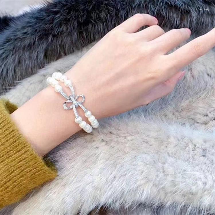 

Bangle Handmade Natural 2 Row 6-7mm White Freshwater Pearl Bracelet Micro Inlay Zircon Bowknot Accessories Clasp 20cm-23cm