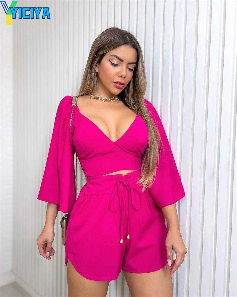 

YICIYA Women's Tracksuits 2023 Style Solid Color Tracksuit Women Two Piece Shorts Matching Sets Half Sleeve Slim Crop Top Shirts Holiday Boho, Black