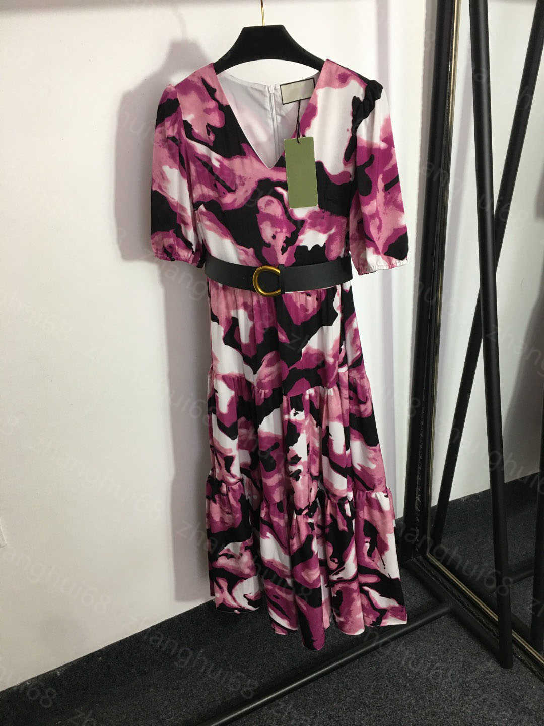 

23ss womens designer clothing women dresses summer Dress Temperament dizzy print belt tucked waist V-neck short-sleeved dress long skirt womens clothing, 11