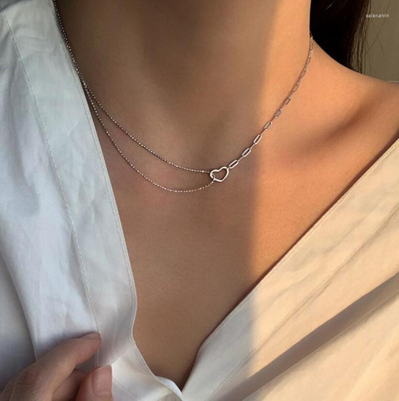 

Chains 925 Sterling Silver Double Layer Love Heart Asymmetric Necklace For Women Sweet Clavicle Chain Wedding Party Gift