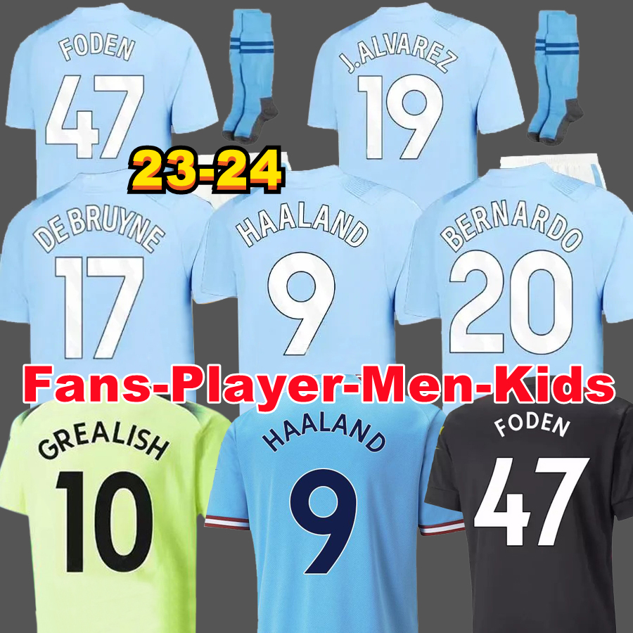 

23 24 HAALAND soccer jersey DE BRUYNE GREALISH MANS CITIES STERLING MAHREZ FODEN fans player version 2023 2024 football tops shirt kids kit sets Equipment, 23/24 home player+ucl