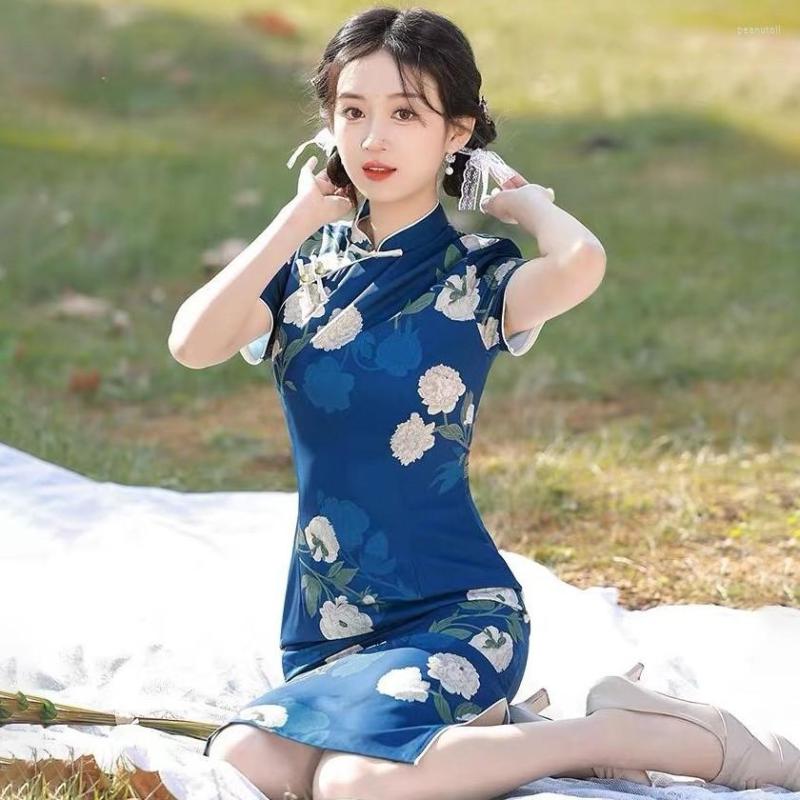 

Ethnic Clothing Elegant Women Print Flower Cheongsam Chinese Young Girls Daily Qipao Vestidos Oriental Ladies Slim Sexy Qi Pao Vintage Dress