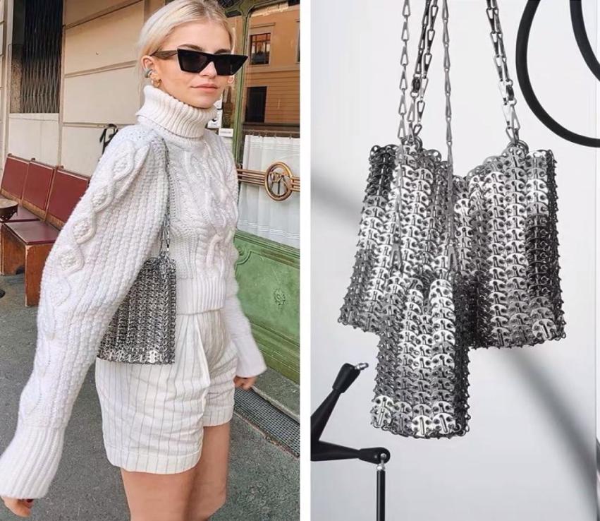 

Luxury Designer Women Bags Pure Metal Sequins Chain Woven Bag Hollow Evening Bags Clutch Female Travel Holiday Shoulder Bag 2203182817886, Sky blue