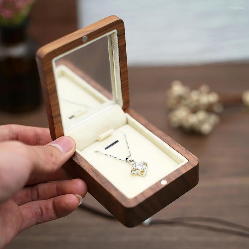 

Jewelry Pouches Heart Walnut Wood Pendant Box Proposal Engagement Necklace Holder Storage Case Cajas Organizador With Vanity Mirror