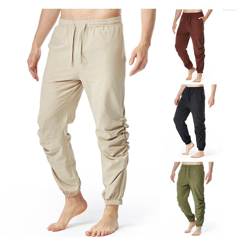 

Men's Pants 2023 Summer European Size Men's Solid Color Cotton Linen Drawstring Elastic Waist Casual Sports Jogging Yoga Corset, Dark brown