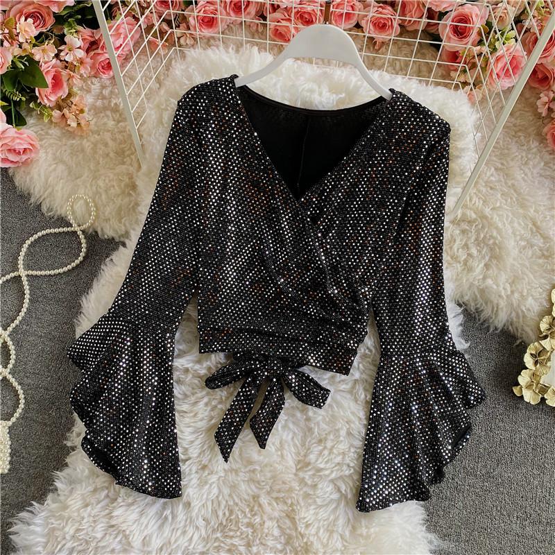 

Women's T Shirts Elegant Sexy Glitter Sequin Ruffle Sleeve Blouse Vintage Criss-cross Lace-up Gothic Fashion Crop Top Women Chic Spring, Silver